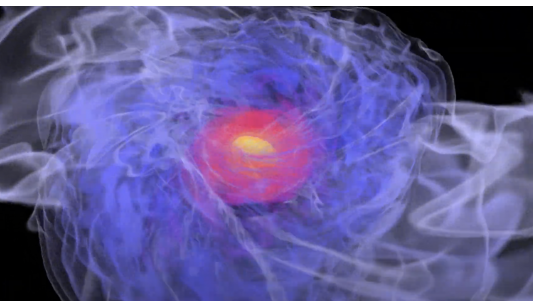 Visualization of a typical binary neutron-star merger: rest-mass density
